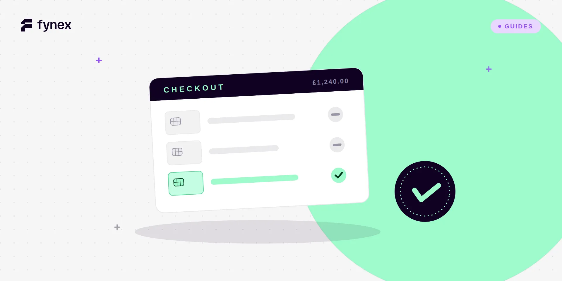 A light editorial illustration on off-white: a white checkout window listing three payment attempts for £1,240 — the first two cards greyed out with a flat dash marking the decline, the third card and its row in mint with a tick — beside a large ink approval seal ringed in mint, set against an oversized mint circle.