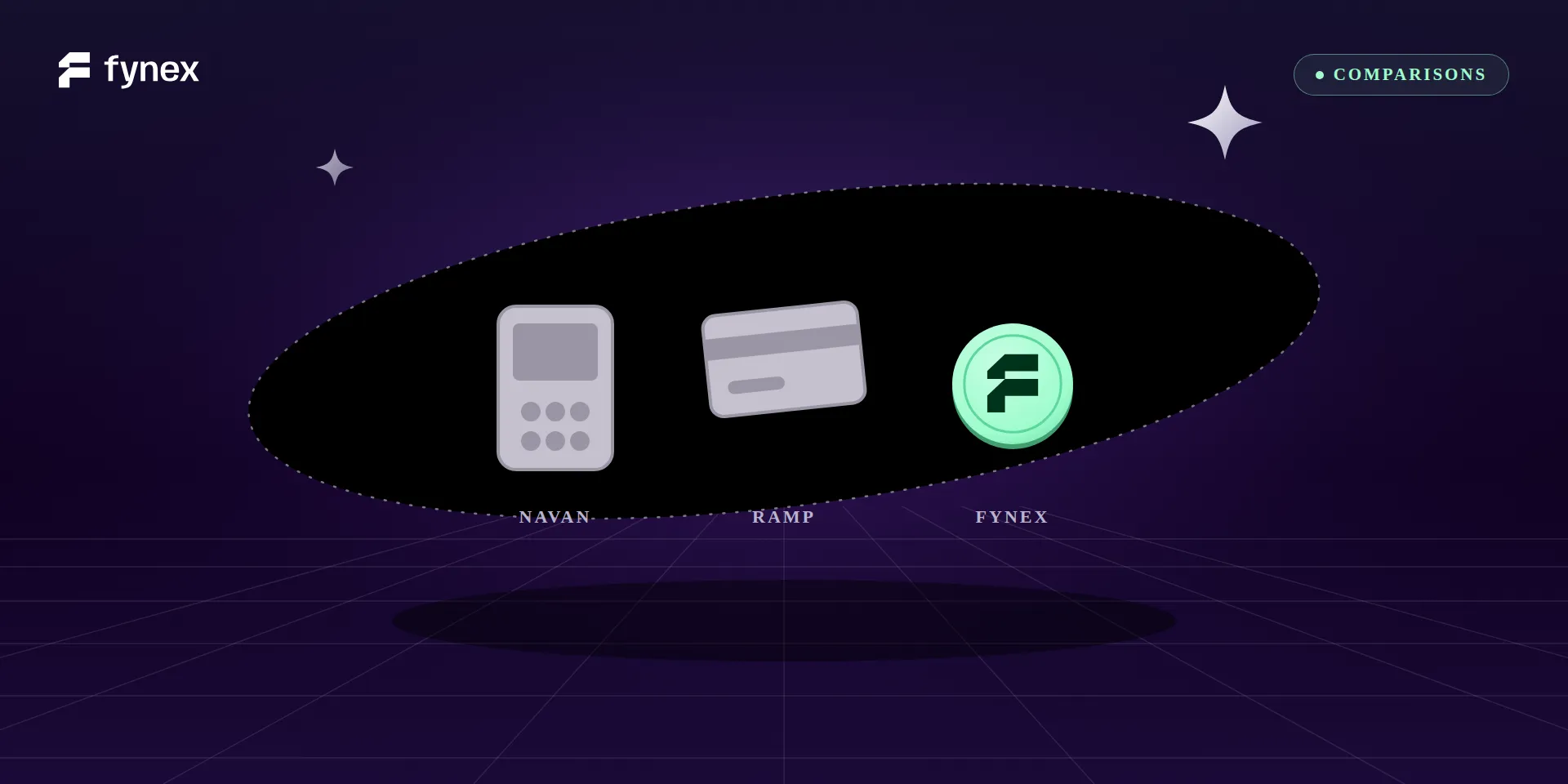 Grey travel and card objects beside the mint Fynex coin.