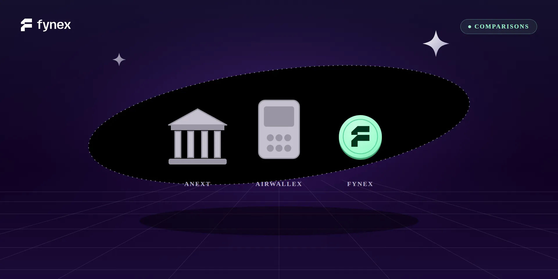 Three coins on a stage — a grey bank and a grey network beside the mint Fynex coin.