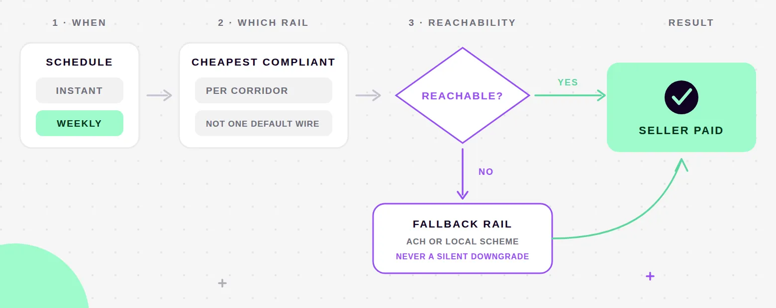 The three payout decisions as one flow: first the schedule — instant or weekly; then the cheapest compliant rail chosen per corridor rather than one default wire; then a reachability check. If the rail can reach the seller the payout goes straight through; if it can't, it drops to an explicit fallback rail — ACH or a local scheme, never a silent downgrade — and the seller is still paid.